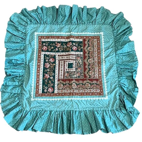 Pair Vintage Cottagecore Custom Quilt Ruffle Throw Pillow Cover 22" Green Brown - Picture 2 of 6